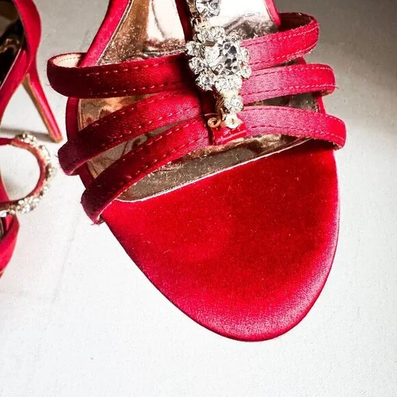 Badgley Mischka coral red satin rhinestone  cocktail heels shoes 5.5 - Picture 10 of 10